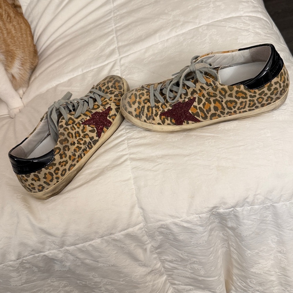 Golden Goose superstar Leopard Print Sneakers with Gray Laces and glitter star - Picture 2 of 7